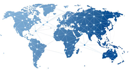 Global Network Connections World Map with Blue Dots and Lines Keywords: world map, global, network, connections, communication, technology, internet, data, digital, geography, continents