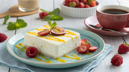A dessert slice with white mousse, strawberries, raspberries, and yellow sauce on a plate