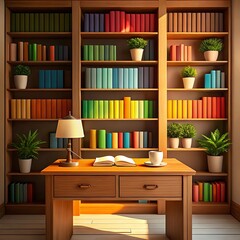 Cozy Reading Room with Wooden Desk and Rainbow Bookshelf – Warm Interior Scene with Coffee Cup, Open Book, and Potted Plants