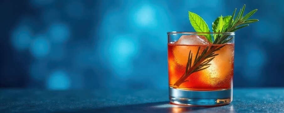 Blue and white bokeh, rosemary-garnished drink in glass , food, glass, menu