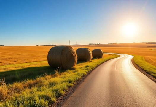 Sun-drenched country road winding past stacked hay bales in a vast field,  road trip,   farm