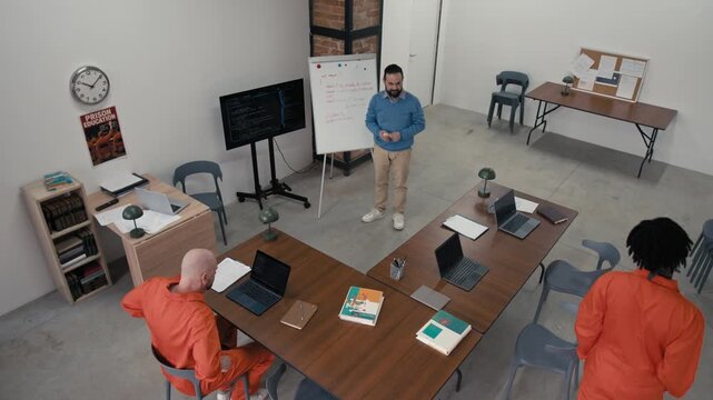 Wide high-angle surveillance camera shot of group of multiethnic prison inmates in orange jumpsuits walking into classroom and sitting at desks, while male teacher is preparing for programming lesson