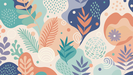 Colorful Abstract Botanical Pattern with Organic Shapes and Floral Elements