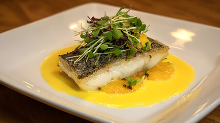Elegant Roasted European Sea Bass Fillet with Citrus and Microgreens on White Plate