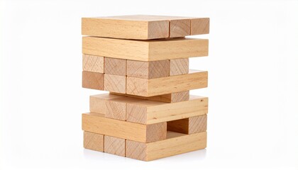 Staggered Jenga tower with visible gaps, symbolizing strategic tension and fragile balance