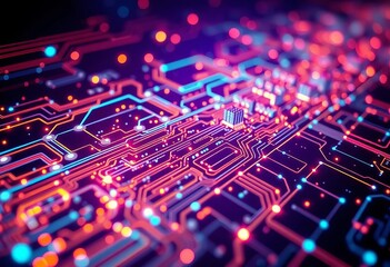 Abstract digital technology background with glowing circuits and nodes,  futuristic,  tech
