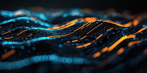 Abstract glowing lines and dots create a complex digital wave pattern on a dark background