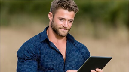 Modern farmer uses technology to manage apple orchard while a worker picks apples in a lush agricultural setting