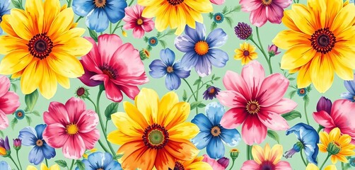 Vibrant watercolor wildflower repeat pattern, perfect for textile & paper design,  wallpaper,  bloom