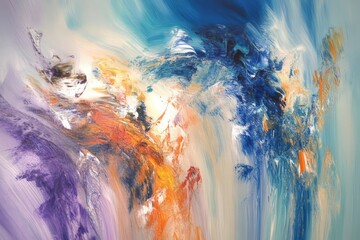 Vibrant abstract painting with swirling colors of blue orange and purple