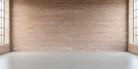 Rustic interior design with exposed brick wall and concrete floor. Large windows provide natural light, creating a versatile space for various purposes.