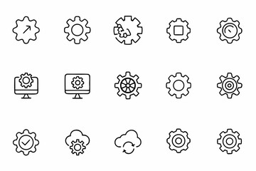 A graceful set of line icons capturing the elegance of automation and system updates through stylized gear visuals. Ideal for app design, digital product features, and mechanical presentations.