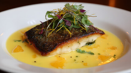 Roasted European Sea Bass Fillet with Citrus Sauce and Microgreens Garnish on a White Plate