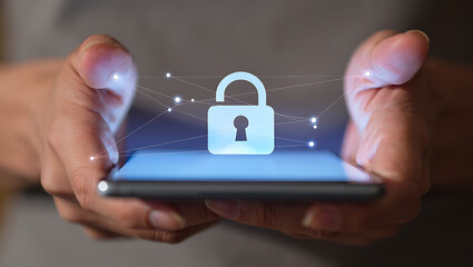 Hands holding phone with digital lock and network mobile device