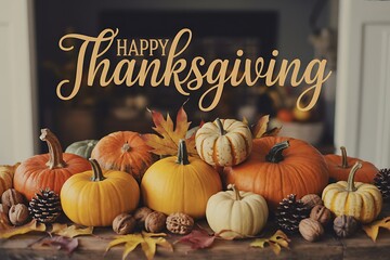 Happy thanksgiving greeting with a display of various pumpkins, gourds, nuts, and fall leaves on a wooden surface