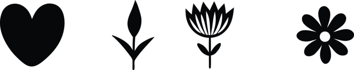 Vector art of collection of various black flowers and leaves in a decorative style isolated on white background