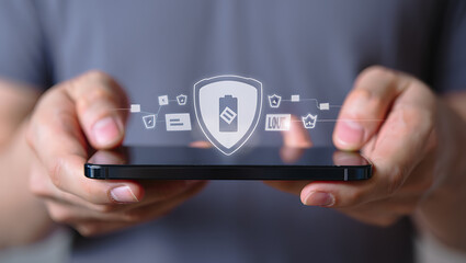 Hands holding smartphone displaying digital security icons image