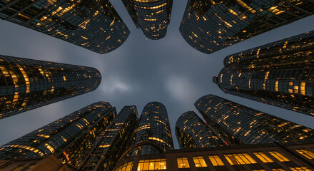 Symmetry and light in a modern cityscape, featuring towering glass structures aglow against the night sky