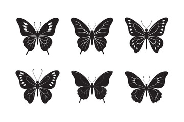 silhouette butterfly flying in mid air on white background