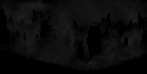 Very dark Tianzi Mountains (Avatar Mountains) in the Zhangjiajie Forest Park covered with fog at night. Vector silhouette scary and mystical Halloween landscape with no moon and stars