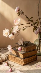  Wooden Form and Floating Cherry Blossoms in Glass Vase