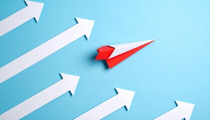 Red paper airplane flying sideways against upward white arrows, symbolizing innovation and nonconformity