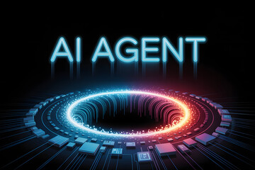 Next generation AI agent technology with glowing blue neon text and futuristic circuit board design