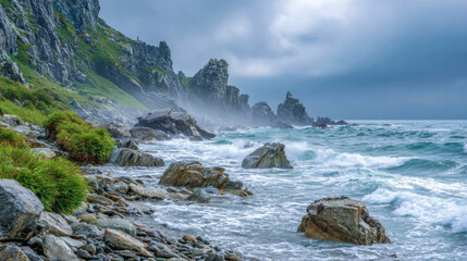 Waves surge energetically against rocky cliffs, sending mist into the air
