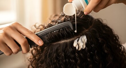 Person applying hair product to curly hair with a comb to separate the strands for treatment application