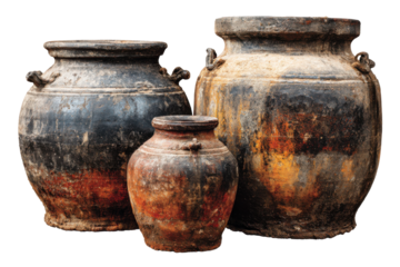 Antique pottery display home decorative art rustic setting close-up. Isolated on transparent background, png.