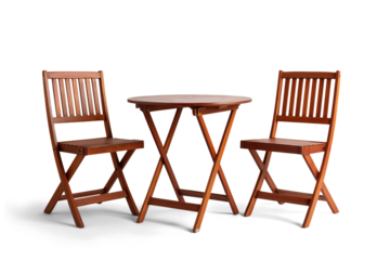 Two folding wooden chairs and round table on transparent background