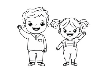 Fototapeta premium A Cheerful Boy and Girl Waving Hello with Big Smiles and Cute Pigtails Wearing Simple Clothes Ready for a Coloring Book Adventure