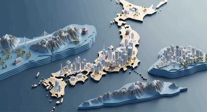 Stylized 3D illustration of Japan's archipelago, showcasing detailed urban centers and topographical relief.