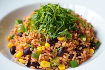 Delicious mexican rice bowl topped with fresh green herbs