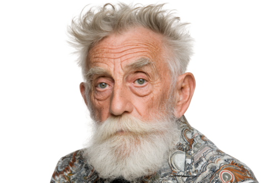 Elderly man portrait studio photography neutral background close-up. Isolated on transparent background, png.