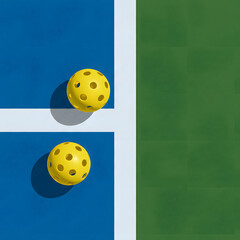 a yellow perforated plastic ball (pickleball or wiffle ball) resting at the corner of a sports court