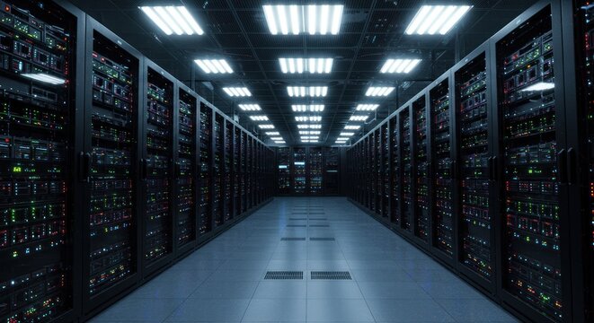 Server room with rows of illuminated racks and ceiling lights