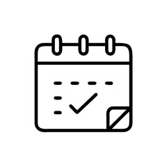 A simple line drawing of a calendar with a check mark and a folded page corner in black and white style
