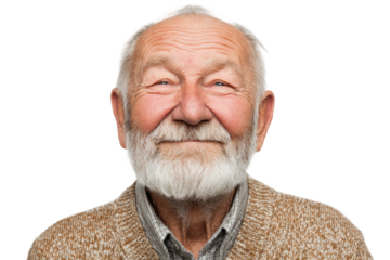 Happy elderly man smiling portrait studio photo. Isolated on transparent background, png.
