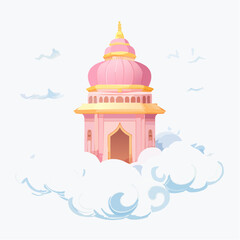 Pink and Gold Fantasy Tower Floating Amidst Fluffy Clouds, Cartoon Style