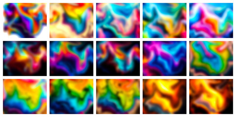 Vibrant abstract art showcasing swirling patterns of electric rainbow colors in a grid formation