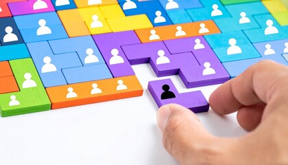 Hand placing standout puzzle piece into diverse team grid