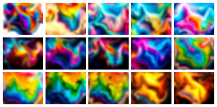 Vibrant abstract art showcasing swirling patterns of electric rainbow colors in a grid formation