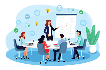Female leader presenting a project strategy to a team during a meeting. Vector illustration concept.
