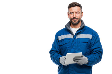 Portrait of Construction worker in uniform holding a digital tablet, using technology for work, isolated on transparent background