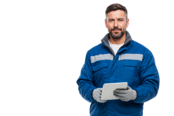 Portrait of Construction worker in uniform holding a digital tablet, using technology for work, isolated on transparent background