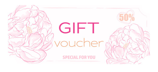 Gift Voucher, Gift Certificate, Elegant Design, Watercolor Flowers Frame, 50%, Discount, Gift Coupon, Vintage