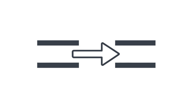 Horizontal arrow passing through a gap between two sets of parallel bars on a white background