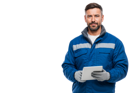 Portrait of Construction worker in uniform holding a digital tablet, using technology for work, isolated on transparent background