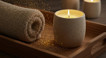 Relaxing spa setup with candle and towel on wooden tray for a tranquil atmosphere